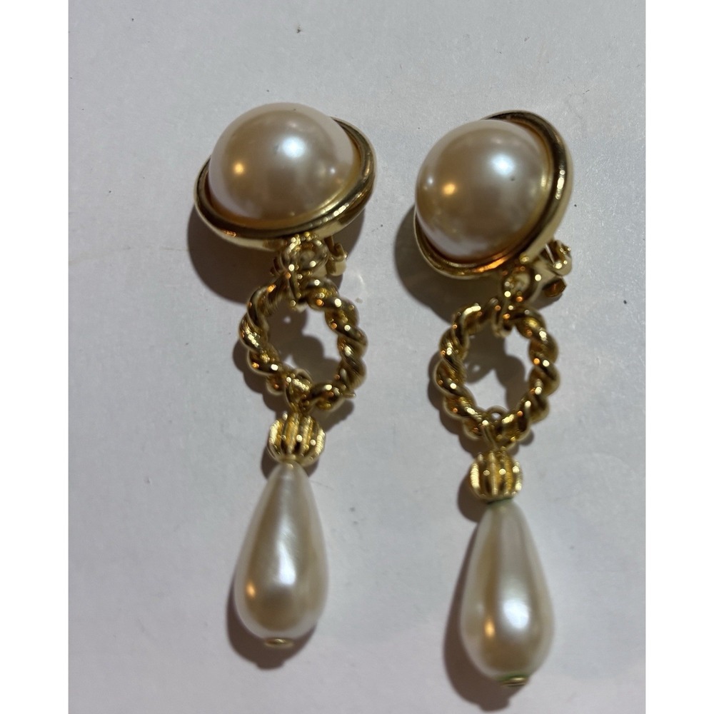 Vintage Vanity Faux Pearl Drop Clip On Earrings Gold Tone Rope Dangle Signed